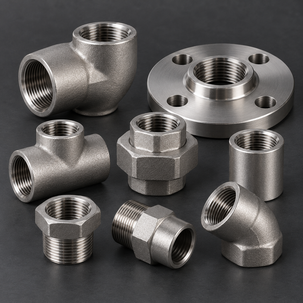 Illustrative stainless steel NPT fittings and threaded flange